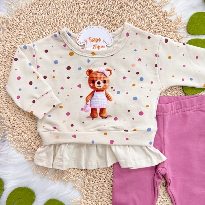 Conj. Casaco Ursinha Fofinha e Calça Legging - Areia e Uva